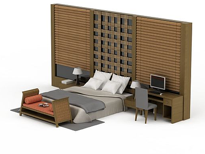 日式实木双人床模型3d模型