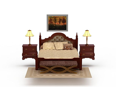 欧式实木双人床家具模型