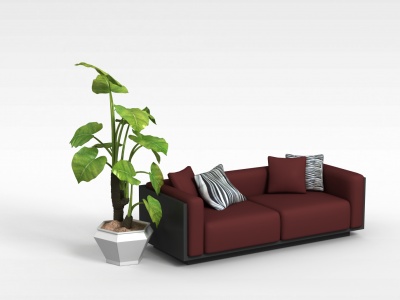 现代枣红色布艺双人沙发模型3d模型
