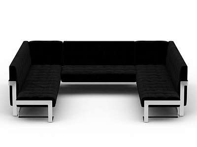 现代大型黑色布艺U型沙发模型