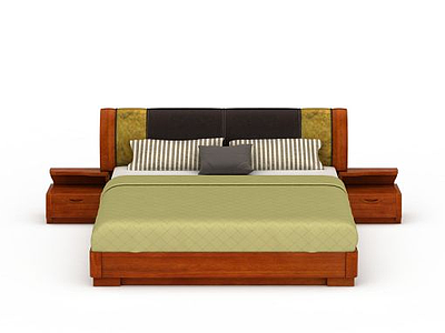 3d简约中式实木双人床模型
