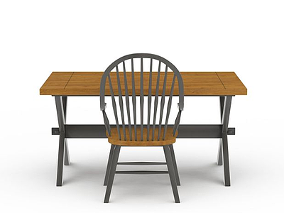 3d现代实木书桌书椅组合模型