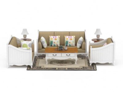 3d现代白色实木布艺沙发组合模型