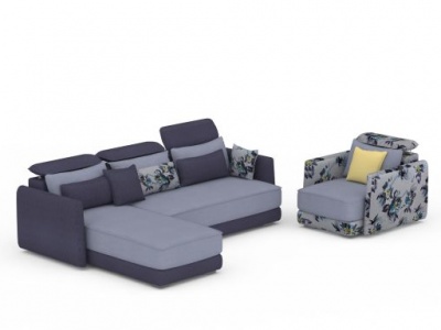 3d精品紫色印花布艺沙发套装模型