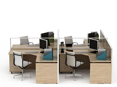 3d现代实木格子办公桌电脑桌模型