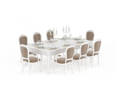 3d欧式现代白色餐桌餐椅组合模型
