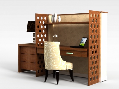 现代实木居家办公桌椅组合模型