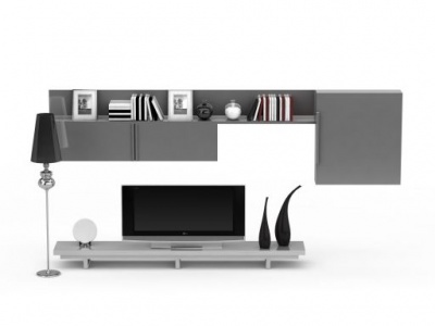 3d现代灰色电视柜背景墙套装免费模型