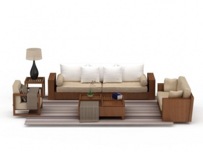 3d精美实木布艺沙发茶几组合模型