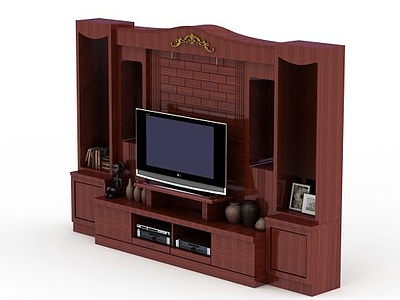3d豪华中式红木雕花电视柜背景墙模型