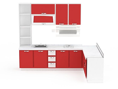 红色L形整体橱柜组合模型3d模型