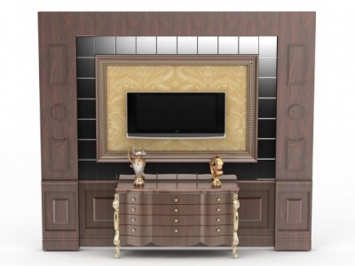 3d精美实木电视柜背景墙免费模型
