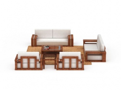 3d精品白色布艺实木沙发组合模型