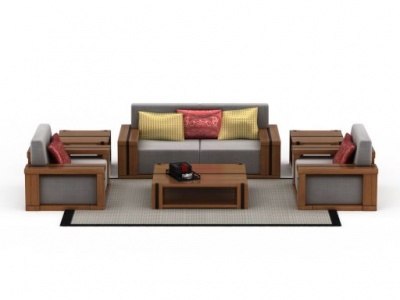 3d精美灰色绒布实木沙发茶几组合模型