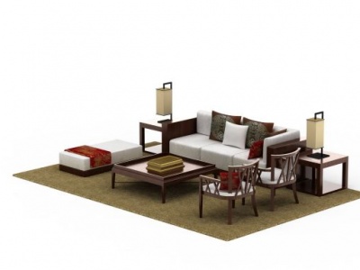 3d中式实木沙发茶几组合模型