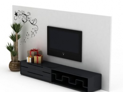 3d简约白色印花电视柜背景墙免费模型