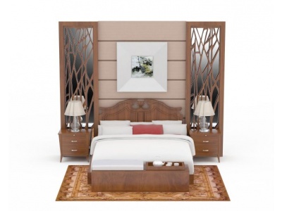中式实木双人床柜组合模型3d模型