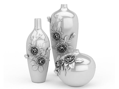 3d牡丹浮雕瓶装饰品摆件组合模型