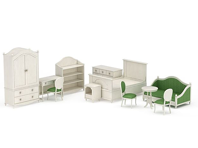 白色沙发茶几书柜床头柜组合模型3d模型