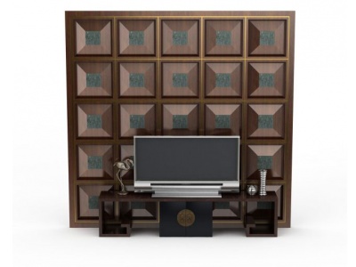 3d豪华实木格子电视柜背景墙模型