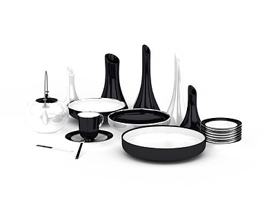 3d精美黑白拼色陶瓷餐具碗碟盘模型
