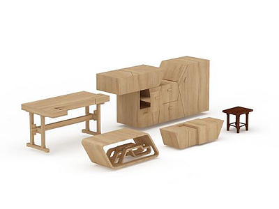 3d经典实木家具边桌边柜组合免费模型