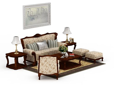 3d现代米色印花布艺沙发茶几组合模型