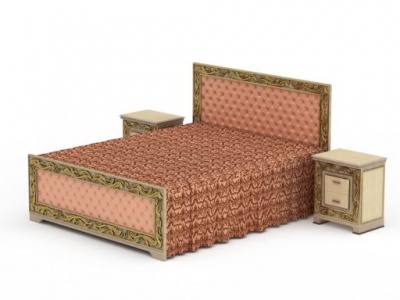 3d粉色软包雕花双人床免费模型