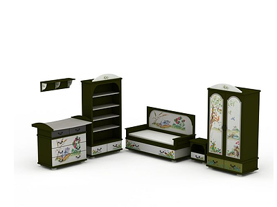 3d中式古典印花卧室家具组合免费模型