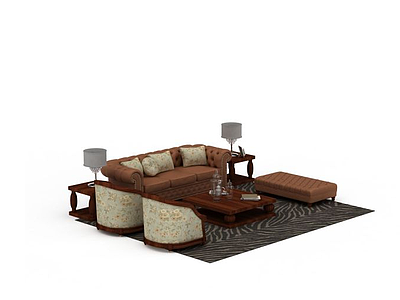 现代美式软包沙发茶几组合模型
