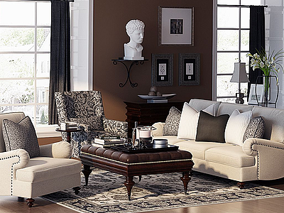 3d美式客厅美式沙发装饰柜模型