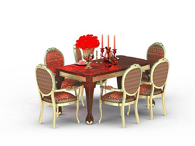 红色多人餐桌模型