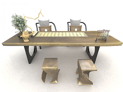 新中式茶桌椅茶具模型3d模型