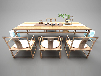 3d新中式茶桌椅茶具模型