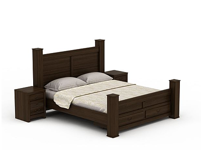 3d中式实木双人床模型