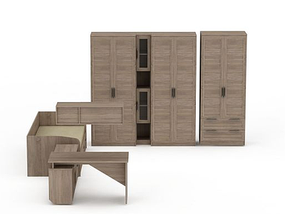 3d实木卧室床柜组合模型