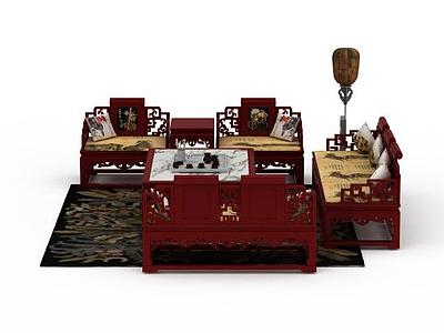中式沙发茶几组合模型