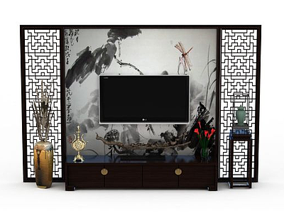 中式风格电视墙模型