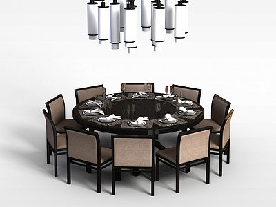 3d新中式餐厅桌椅组合模型