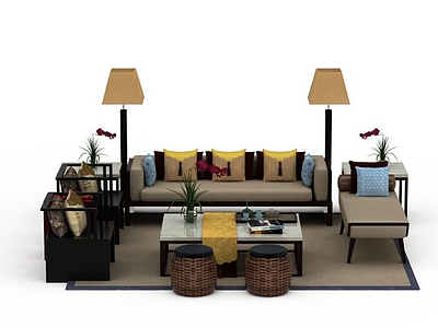 室内客厅休闲沙发茶几组合模型