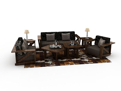 3d中式实木沙发组合模型