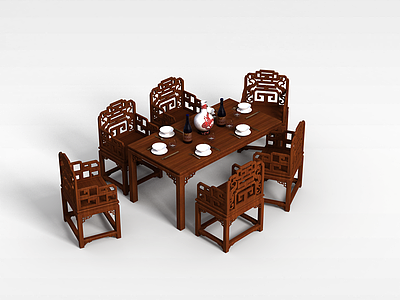 中式复古餐桌组合模型3d模型