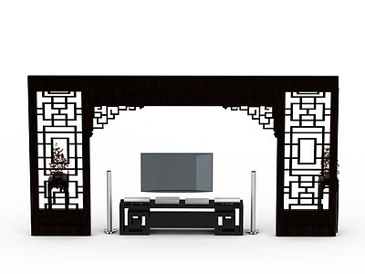 中式风格电视背景墙模型