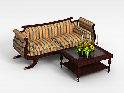 3d美式风格沙发茶几组合模型