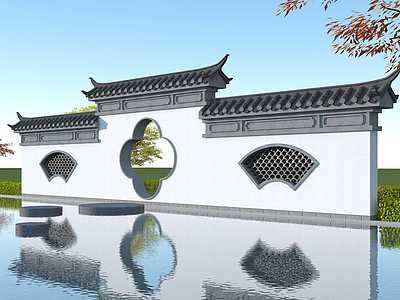 3d中式景墙梅花门模型
