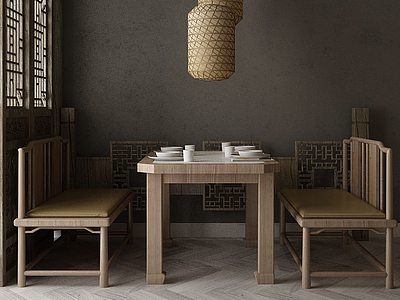 3d新中式餐桌椅模型