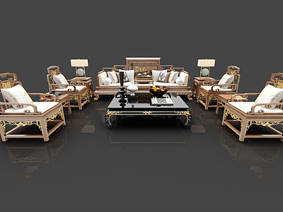 3d新中式沙发茶几模型