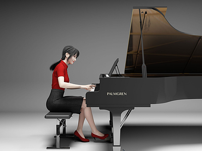 现代风格钢琴美女人物模型