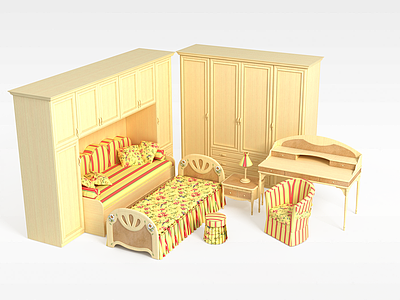 3d儿童房实木家具组合模型