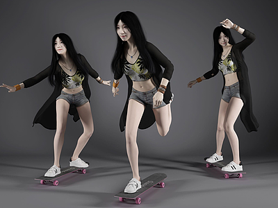 现代风格滑板美女人物模型3d模型